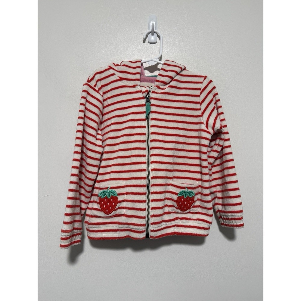Mini‎ Boden Red Stripe Terrycloth Full Zip Hooded Sweatshirt Strawberry Pockets